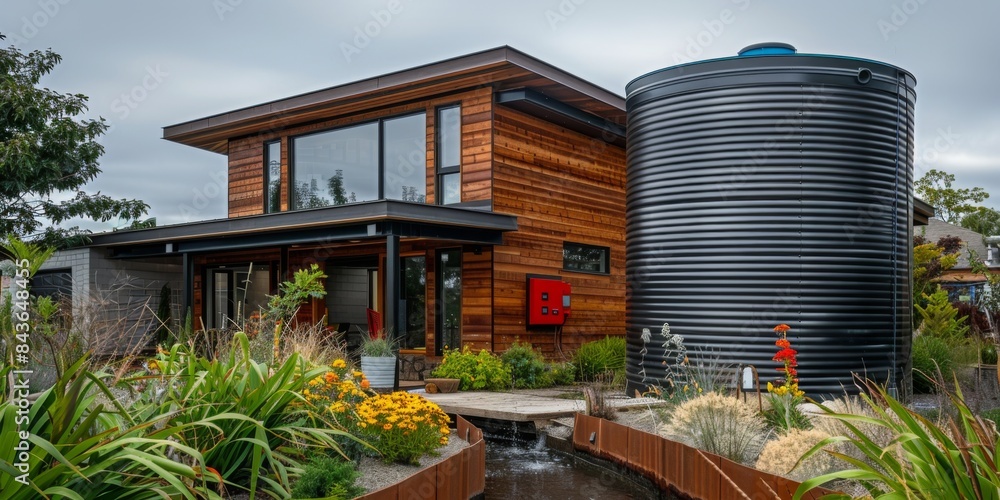 Rainwater collection system. Large tank next to a modern cottage Rainwater collection system. Large tank next to a modern cottage