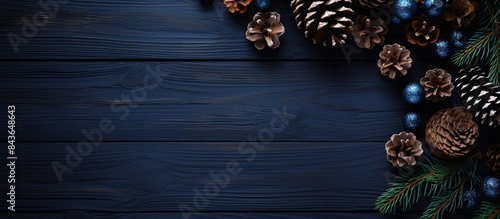 A dark blue wooden background serves as the setting for a Christmas celebration concept adorned with thuja and pine cones with enough copy space for additional content