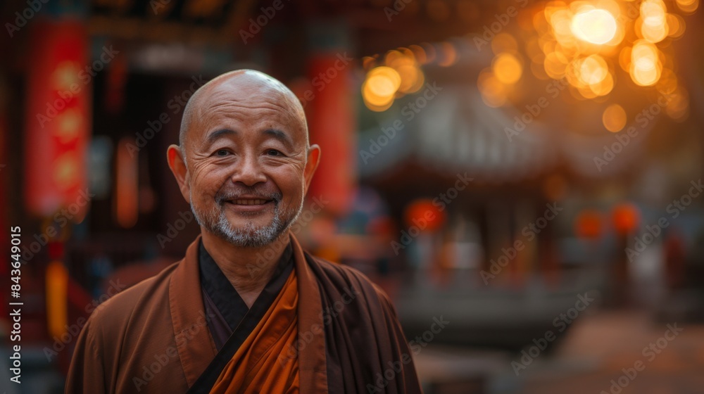 A happy, peaceful monk stands against the backdrop of a Chinese monastery A happy, peaceful monk stands against the backdrop of a Chinese monastery