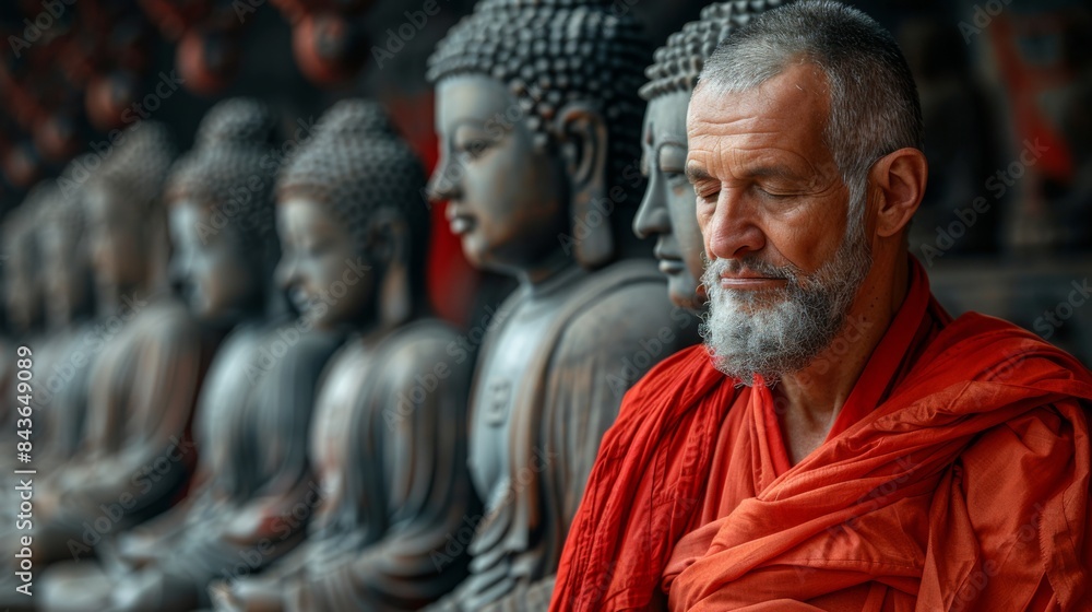 Caucasian monk in a Chinese monastery prays at an ancient wall with carved images of Buddha, immersed in his thoughts and prayers Caucasian monk in a Chinese monastery prays at an ancient wall with carved images of Buddha, immersed in his thoughts and prayers
