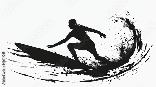 Vector illustration black silhouette of a surfer surfing with high tide with water splashes