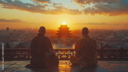 Caucasian monk learning martial arts from an old master monk in a Chinese monastery at sunset