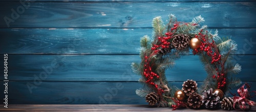 On a blue wooden table there is a festive Christmas wreath with a copy space image photo