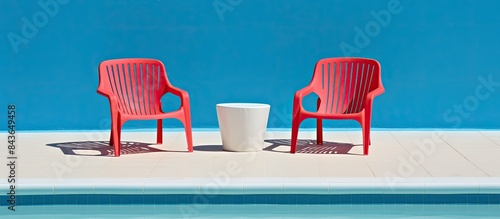A copy space image of a vacant patio set consisting of chairs and a table resting on a vibrant red white and blue cement pool deck