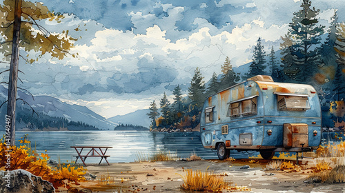 Artistic vector illustration of vintage retro camper van with mountain forest