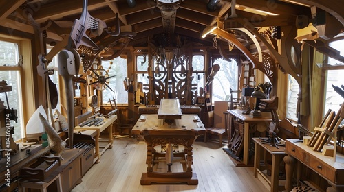 A cozy woodworking shop with an array of handcrafted tools, a central workbench, and natural light streaming through large windows.
