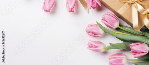 A festive flat lay composition featuring pink gift boxes adorned with golden bows alongside fresh tulip flowers on a white background captured from a top down perspective with ample copy space
