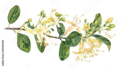 Beautiful watercolor illustration of a blooming honeysuckle branch showing vibrant green leaves and delicate yellow flowers.
