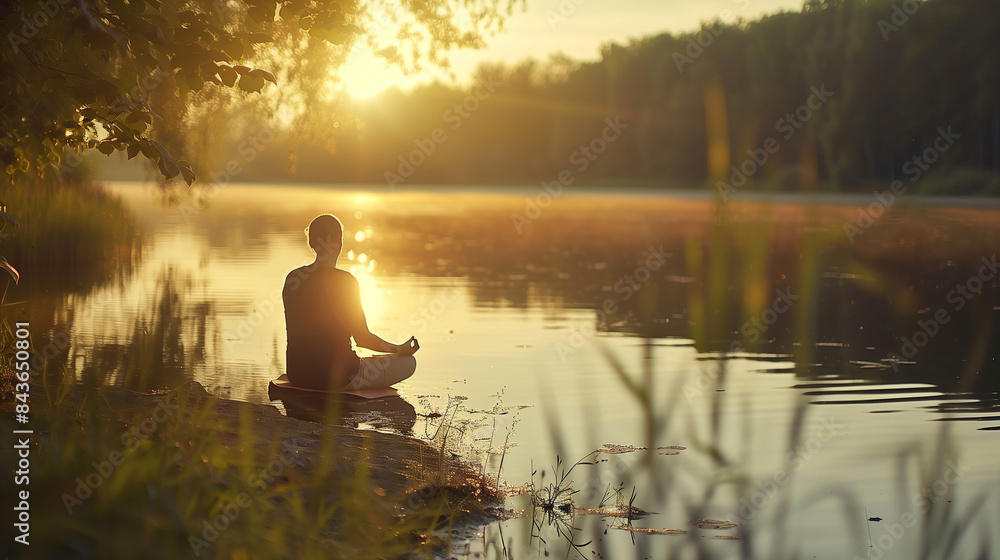 person meditating by a serene lake at sunrise, peaceful natural scene