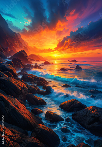 A picturesque coastal scene at sunset, with vibrant colors illuminating the sky and reflecting off the water.