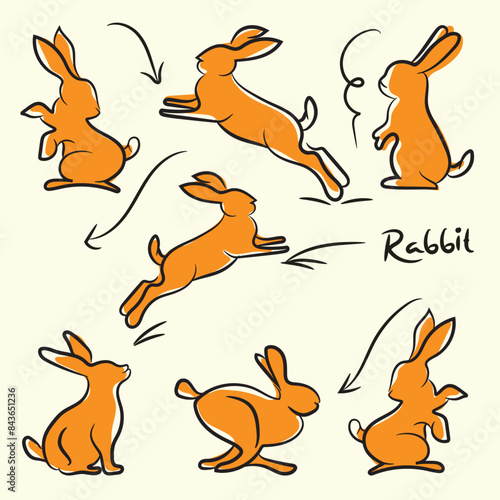 Pet silhouettes of rabbits in various poses. Collection of cute rabbits. Vector set of cute rabbits in cartoon style.