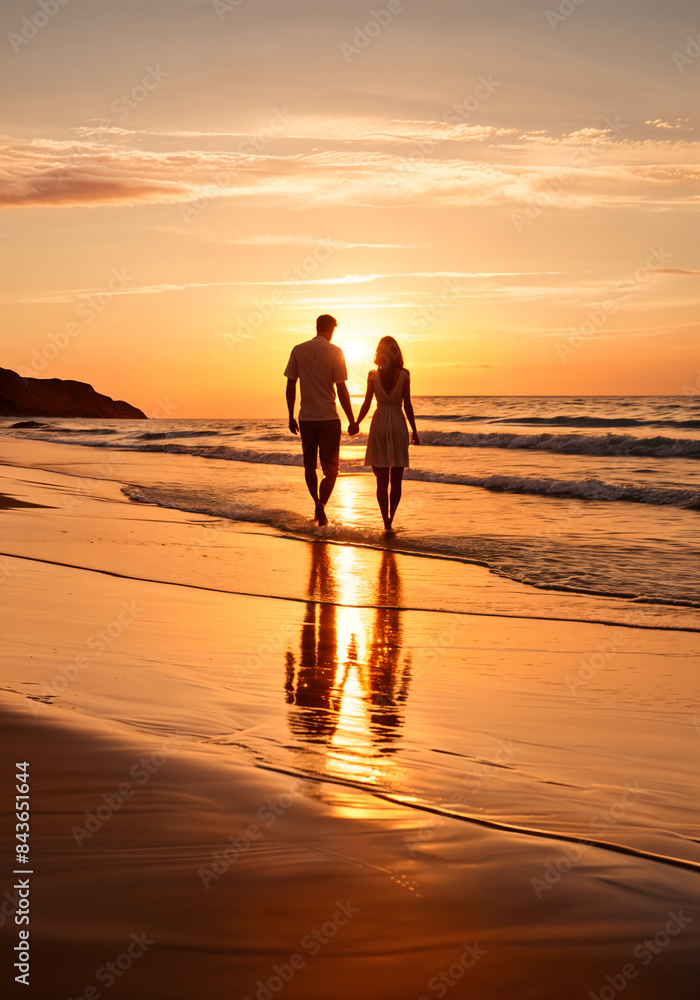 A man and woman walking hand-in-hand along the beach at sunset, with the warm glow of the setting sun reflecting on the wet sand. A man and woman walking hand-in-hand along the beach at sunset, with the warm glow of the setting sun reflecting on the wet sand.