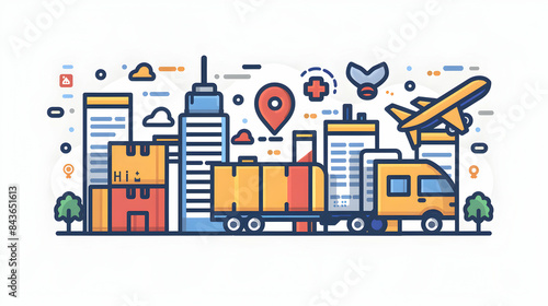 Flat Icon: Logistic Symbol with Text Space on Blue Background   Doodle Line Cartoon Style for Business Plans and Supply Chain Strategies