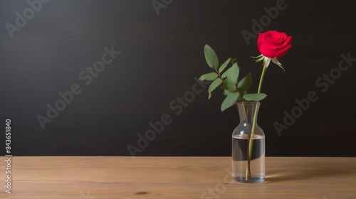 Bouquet of single branch red rose in a glass vase on a minimalist wooden table.