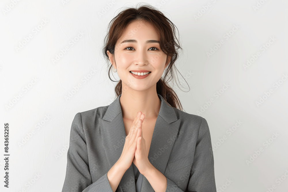 Japanese Woman Smiling Peace Gesture Gray Suit Office Worker Japanese Woman Smiling Peace Gesture Gray Suit Office Worker
