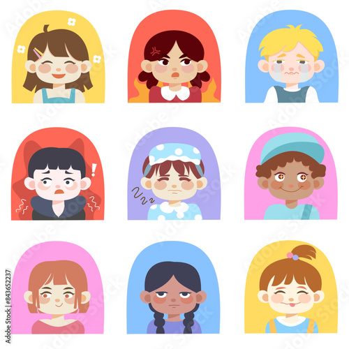 Kids faces illustration flat expression for learning set