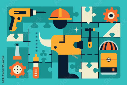 Colorful tools and mechanical items related to engineering or construction. theme related to industrial work, mechanical engineering, or vocational training