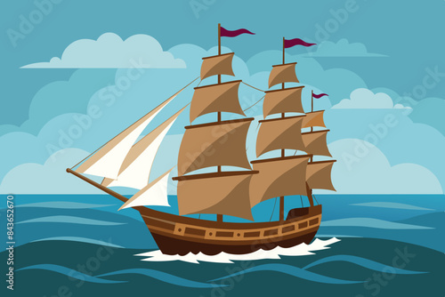 A large sailing ship that sails on the ocean. it has several unfurled sails and is moving at a good speed. The background consists of a dynamic sky with clouds, implying windy conditions.
