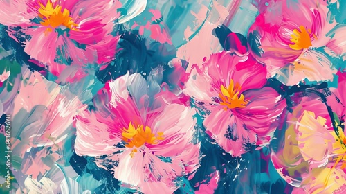 Fototapeta Naklejka Na Ścianę i Meble -  A seamless pattern displays abstract painting pink flowers in an impressionism style with brush strokes of paint and a color texture representing modern and contemporary art