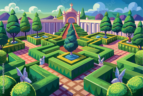 A stylized, colorful drawing of a hedge maze in front of a classical building. The background shows additional greenery and clouds in the sky,