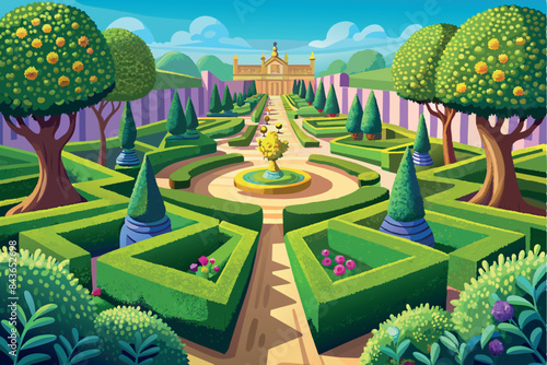 A stylized, colorful drawing of a hedge maze in front of a classical building. The background shows additional greenery and clouds in the sky,