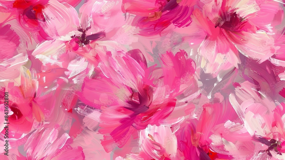 A seamless pattern displays abstract painting pink flowers in an impressionism style with brush strokes of paint and a color texture representing modern and contemporary art A seamless pattern displays abstract painting pink flowers in an impressionism style with brush strokes of paint and a color texture representing modern and contemporary art