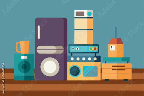 Kitchen interior with various appliances and items commonly found in the kitchen. Large refrigerator, coffee maker, coffee machine, several cups, kettle and fruit. 