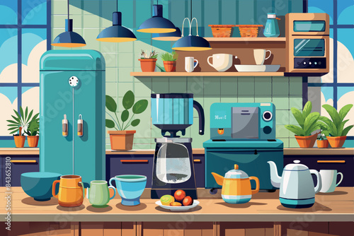 Kitchen interior with various appliances and items commonly found in the kitchen. Large refrigerator, coffee maker, coffee machine, several cups, kettle and fruit. 