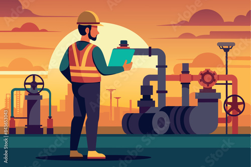 Industrial environment during sunset or sunrise. in the foreground, a man in a helmet and safety vest is seen inspecting or monitoring a process. In the background are the pipes and valves of a factor