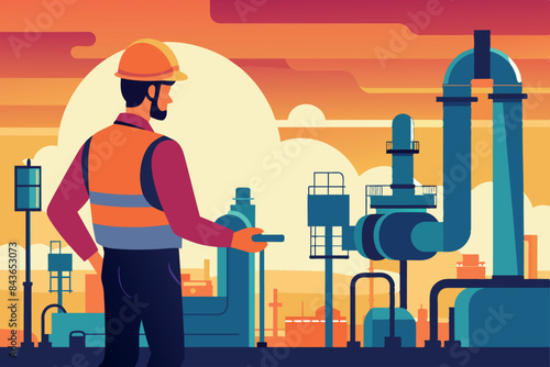 Industrial environment during sunset or sunrise. in the foreground, a man in a helmet and safety vest is seen inspecting or monitoring a process. In the background are the pipes and valves of a factor