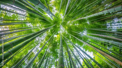 A wide-angle shot looking up at towering bamboo stalks in a dense forest