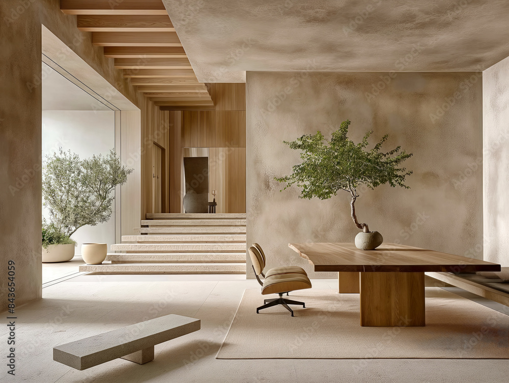 A modern home with a large tree in the middle of the room. The room has a minimalist design with a wooden table and chairs