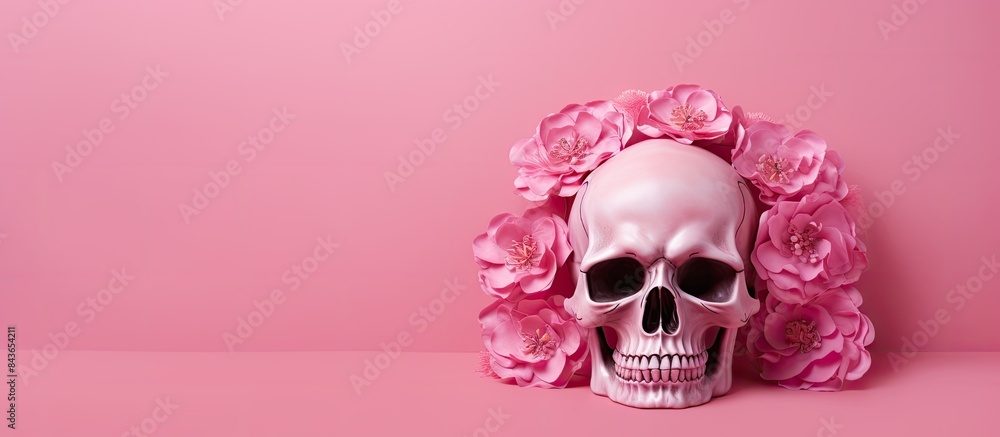 Human skull with pink peony flower in teeth on pink background Copy space Dia de muertos Human skull with pink peony flower in teeth on pink background Copy space Dia de muertos