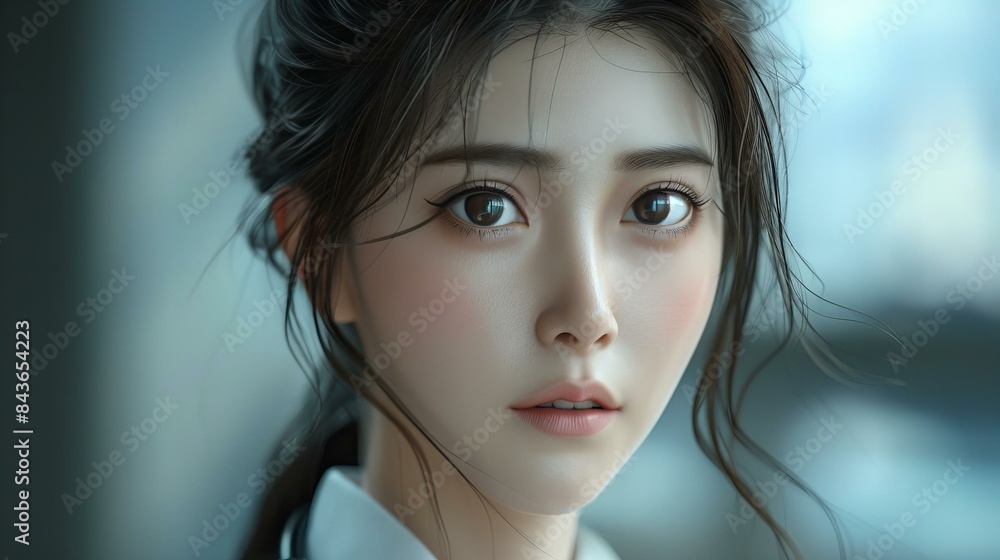 Close-up portrait of a young woman with expressive eyes and soft lighting. Close-up portrait of a young woman with expressive eyes and soft lighting.