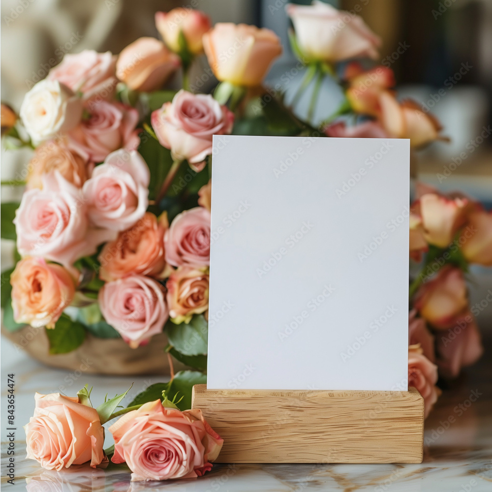 Obraz premium wooden menu holder, a blank page, menu mockup, many rose flowers in the background, cute, kawaii, valentines day background 