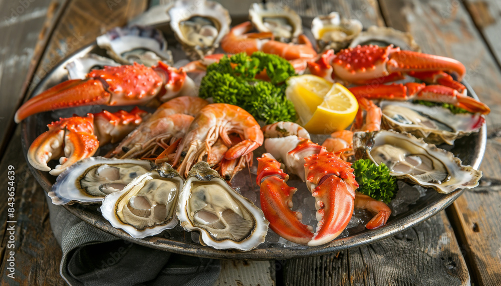 A plate of seafood with a lemon wedge on the right A plate of seafood with a lemon wedge on the right