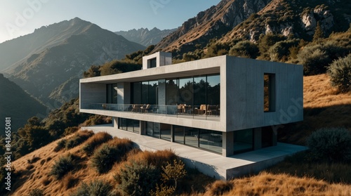 a view of a modern house in a mountain © Halloway