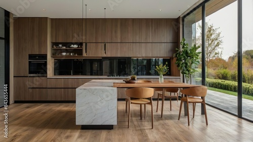 Kitchen interior in beautiful new luxury home with kitchen island and wooden floor