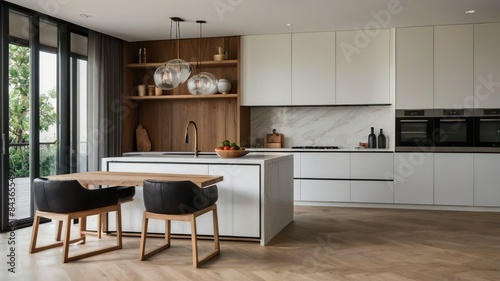 Kitchen interior in beautiful new luxury home with kitchen island and wooden floor