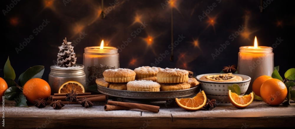 Freshly Baked Mince Pies On Table Set For Christmas With Cinnamon Sticks And Orange. copy space available Freshly Baked Mince Pies On Table Set For Christmas With Cinnamon Sticks And Orange. copy space available