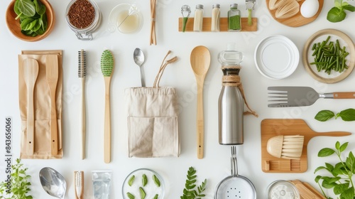 A flat lay showcasing a variety of sustainable kitchen essentials, including wooden utensils, reusable bags, and natural cleaning products