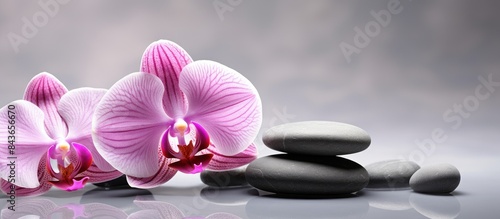 Composition with spa stones orchid pink flower on grey background Spa concept. copy space available