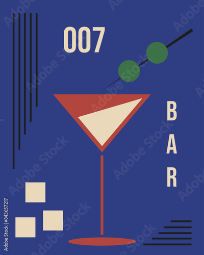 Boho Groovy dry martini. Modern Abstract Geometrical poster cover design with alcohol Bar beverage. Retro Simple Naive vector  aesthetic can used night club, restaurant design interior.