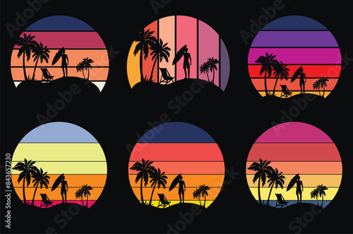 Vector vintage retro palm tree silhouette set collection 