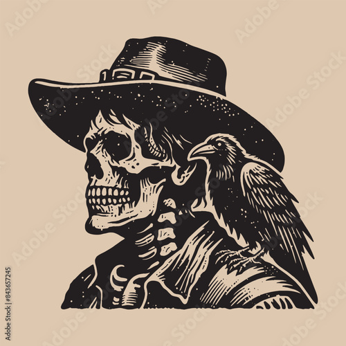 Dead cowboy with a raven on his shoulder.
Vintage vector engraving illustration, print, emblem
