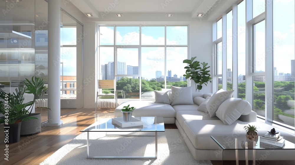 Fototapeta premium A bright and airy living room with a white sofa, glass coffee table, and floor-to-ceiling windows.