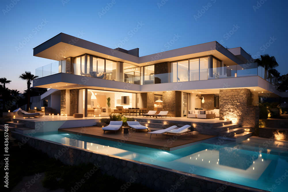 Fototapeta premium Modern Luxury House with Pool and Evening Lighting