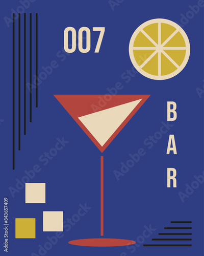 Boho Groovy glass of martini. Modern Abstract Geometrical poster cover design with alcohol Bar beverage. Retro Simple Naive vector  aesthetic can used night club, restaurant design interior.
