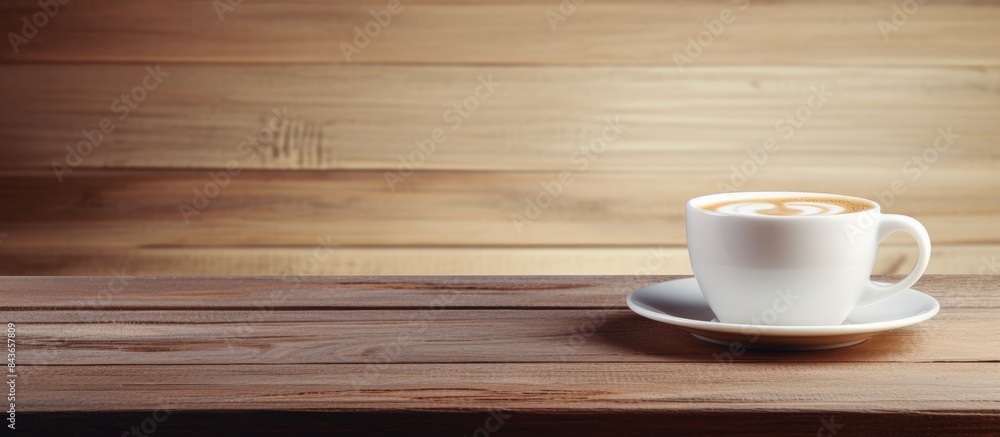 Coffee in white cup on wood table. copy space available Coffee in white cup on wood table. copy space available