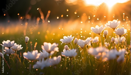 Morning sun graces a field of white flowers beams filtering through delicate petals sharp shadows, Ai Generated photo